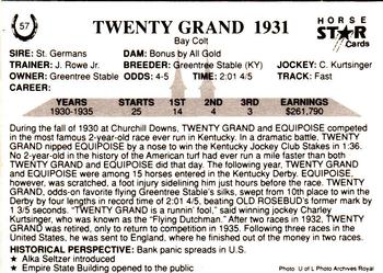 1991 Horse Star Kentucky Derby #57 Twenty Grand Back